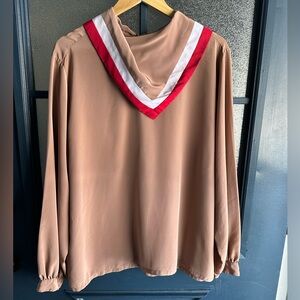 Vintage Jean de Pierre Tan Blouse with Red and White Accent Scarf